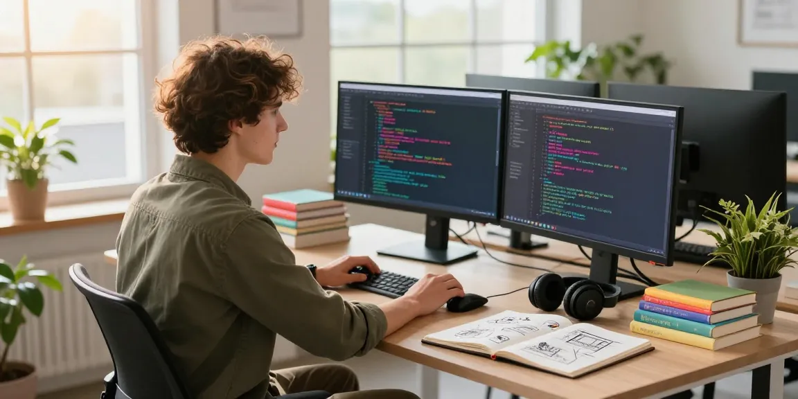 Workspace of dejny.eu showcasing a young developer immersed in coding and creativity.