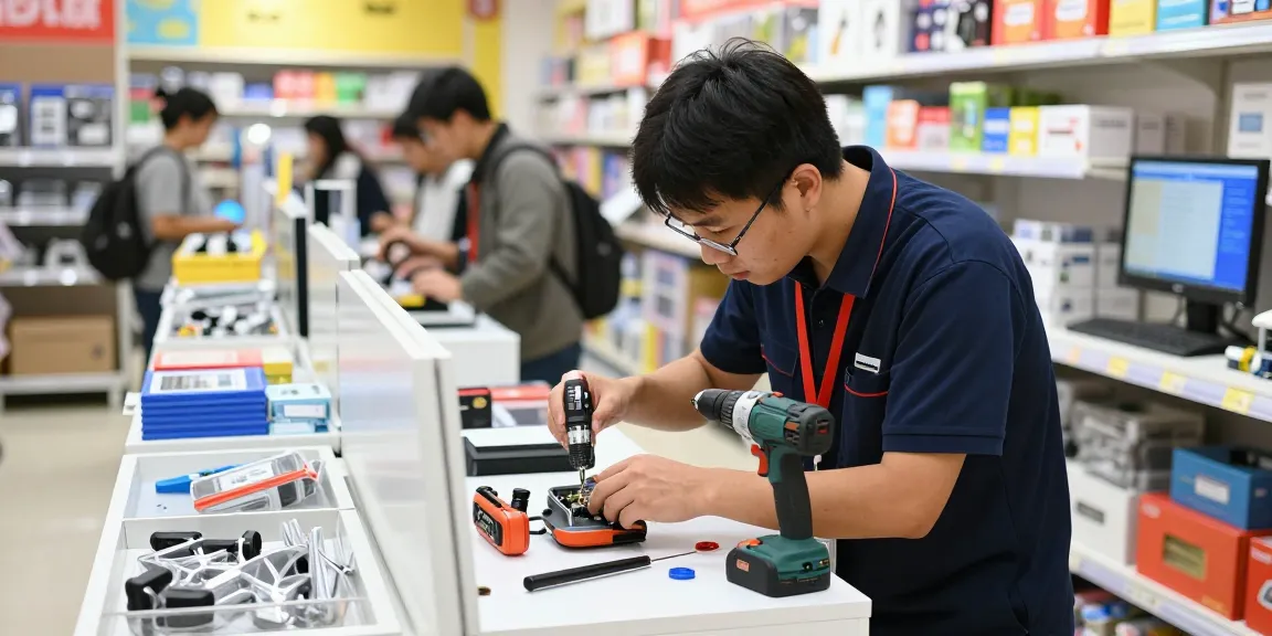 Retail repairs technician inspecting display unit, showcasing tools and vibrant store merchandise in dynamic environment.