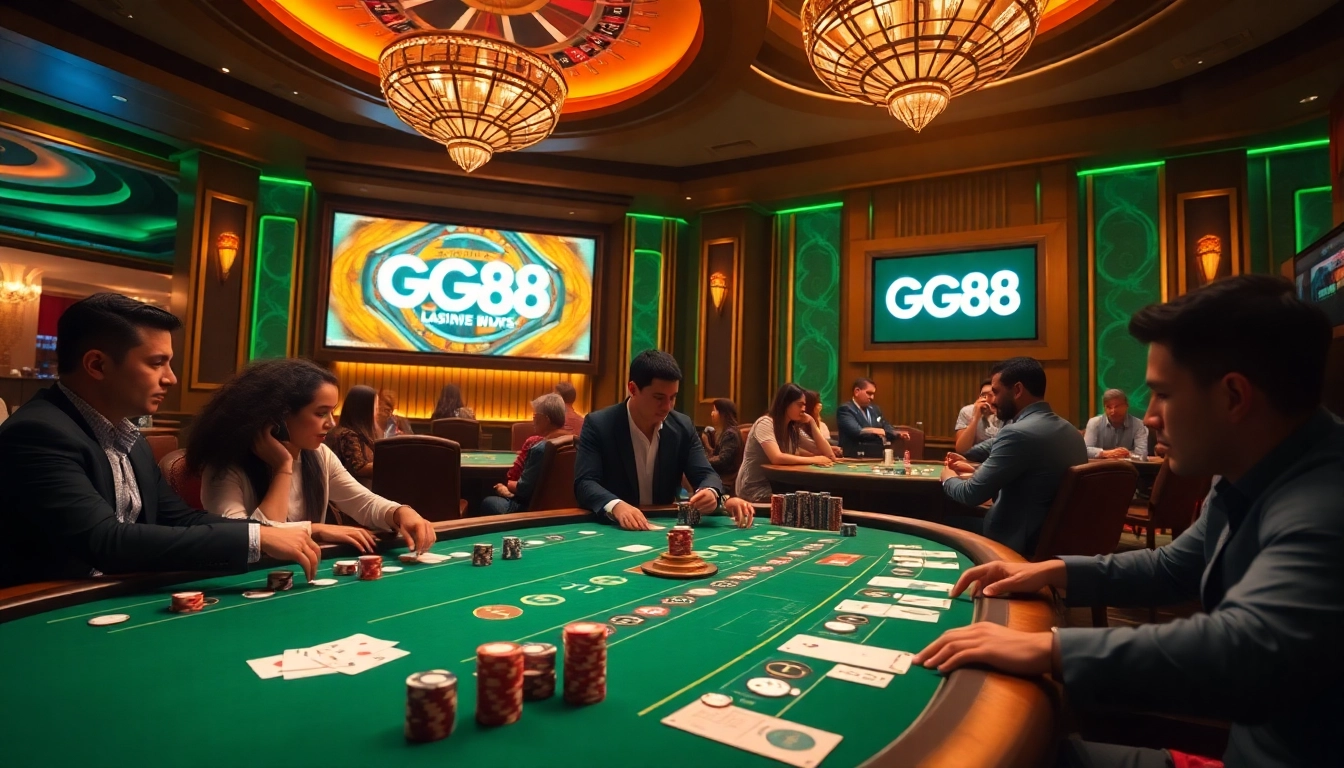 Experience the excitement of gambling at GG88 with a vibrant poker table, chips, and a roulette wheel.