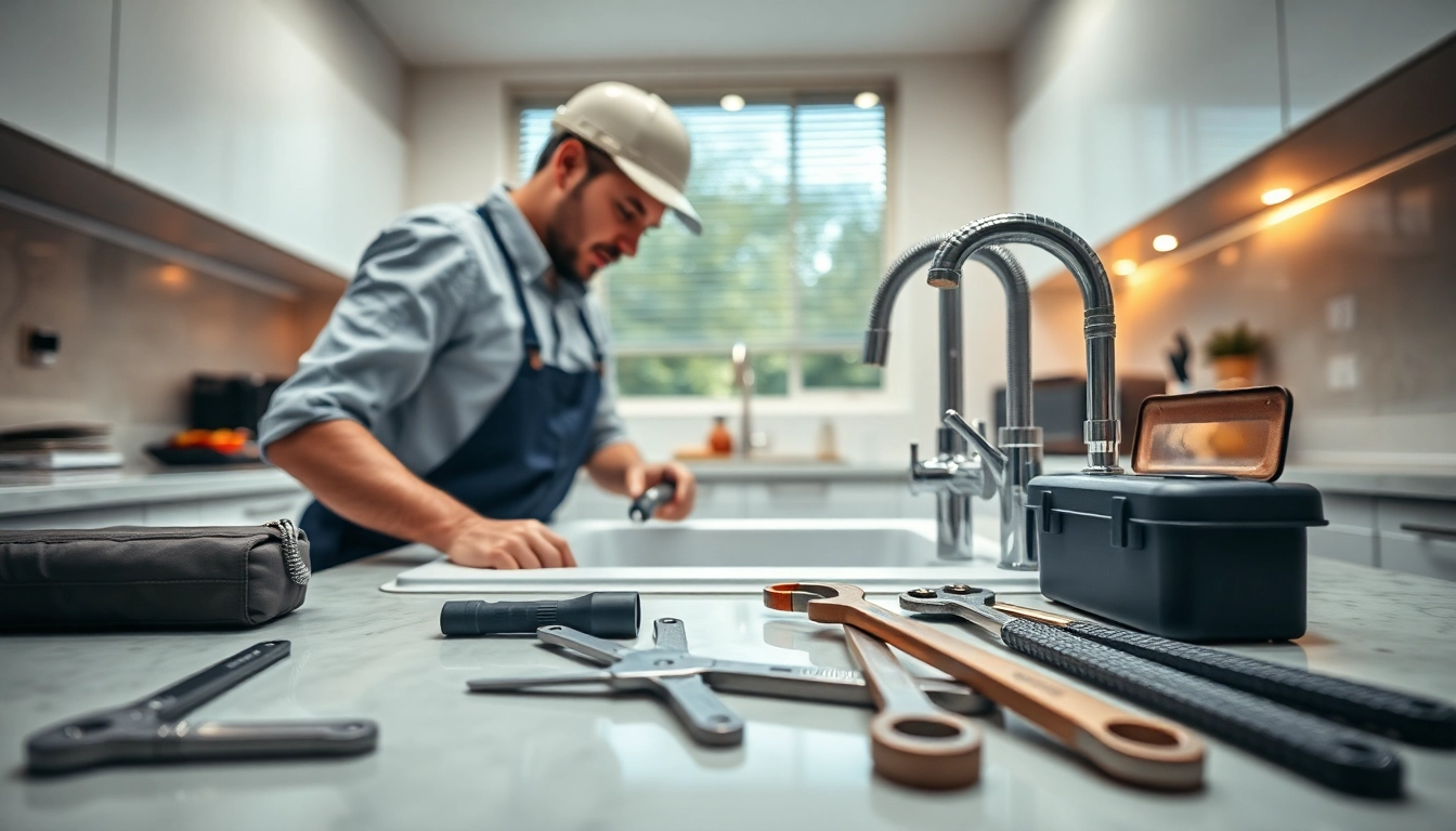 Find a reliable plumber near me fixing kitchen fixtures in a modern home.