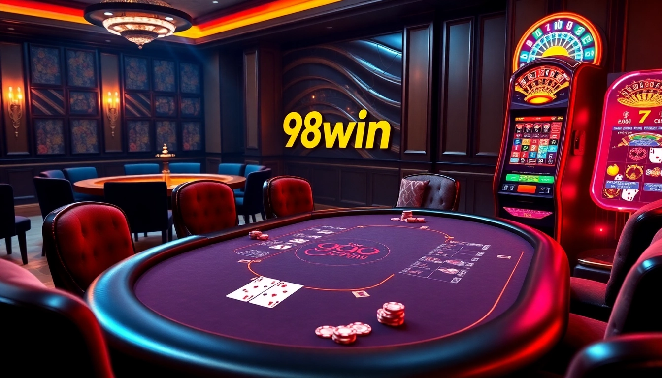 Experience thrilling gameplay at 98win with a vibrant casino scene showcasing poker, blackjack, and roulette.