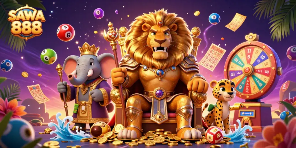Experience the thrill of SAWA 888 with dynamic lottery elements and vibrant casino characters!