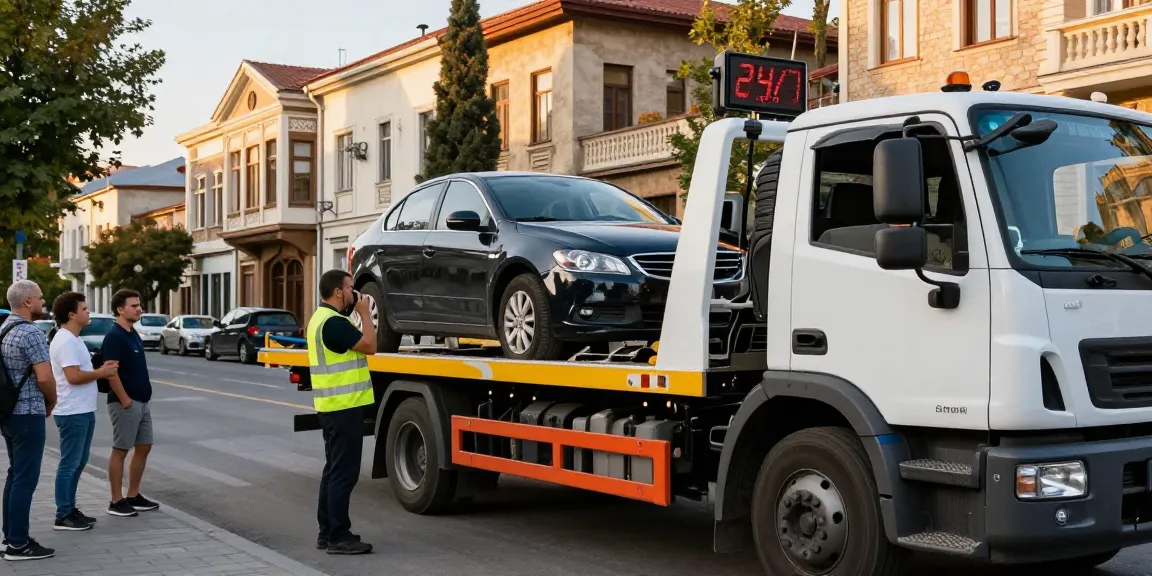 Professional evakuatori service in Tbilisi, showcasing a tow truck driver securely loading a car, emphasizing 24/7 rapid response and urban roadside assistance.