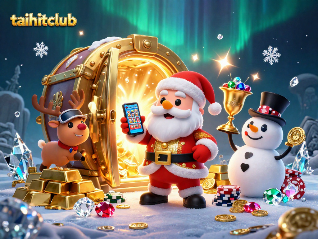 Playing jackpot slots with taihitclub characters in a vibrant casino scene filled with treasures and festive energy.