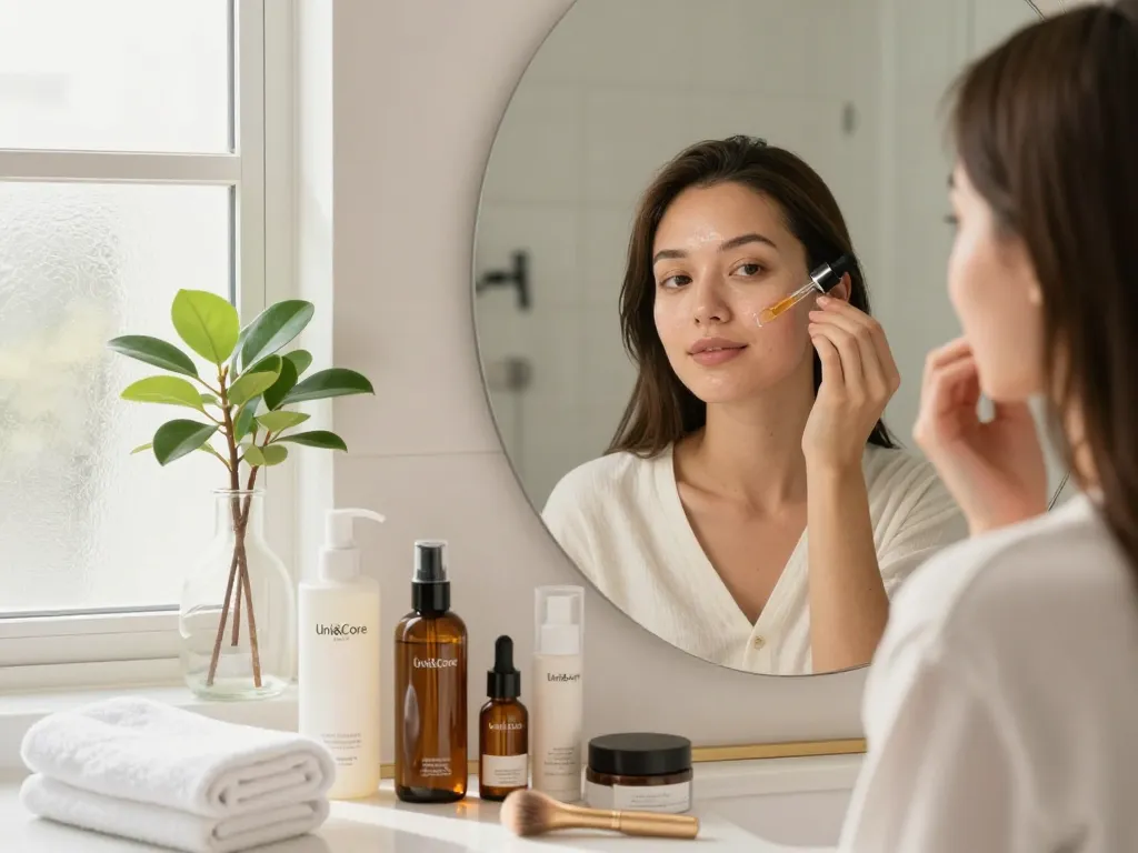Young woman using Uni&Core USA skincare serum in a bright modern bathroom.