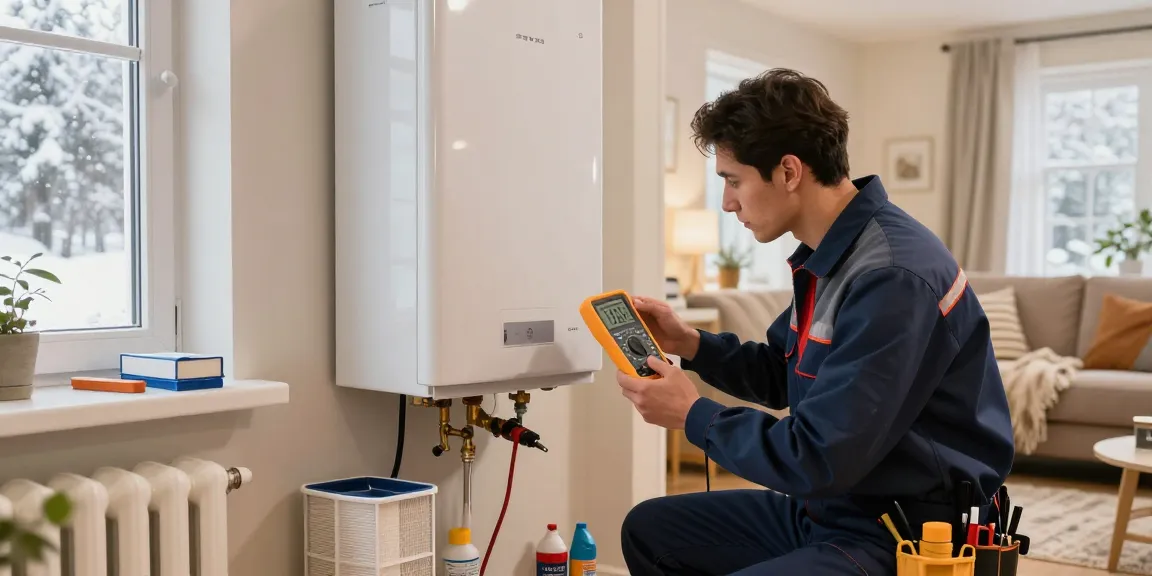 Reliable Van baymak servisi expert repairing a gas boiler in a warm home environment during winter.