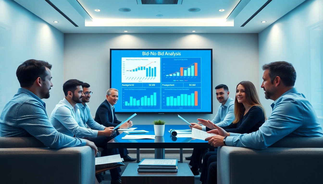 Team discussing Bid-No-Bid Analysis strategies in a modern conference room.