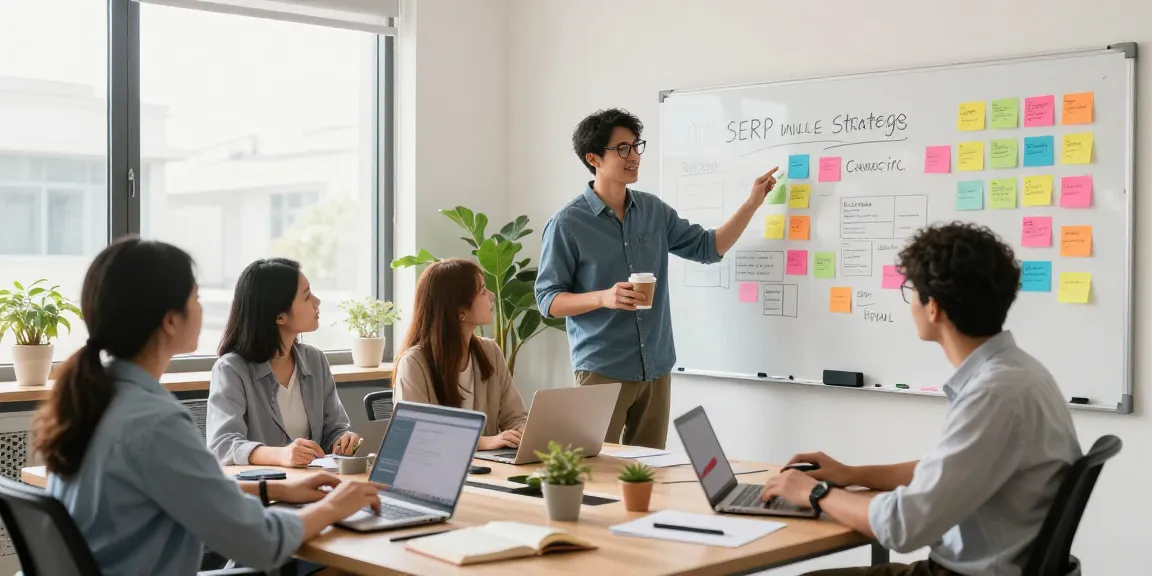 Digital marketers collaborating on rokok88 SERP strategies in a vibrant office setting.