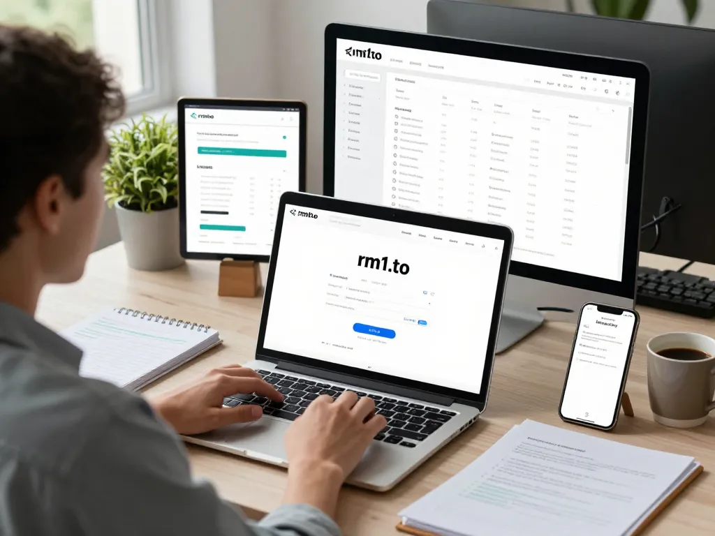 Logging into rm1.to on a sleek laptop at a modern workspace.