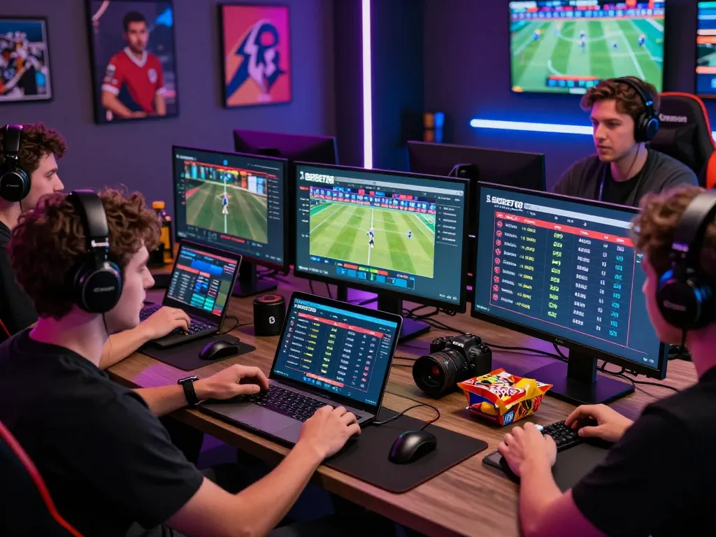SBOBET88 players engaged in dynamic online sports betting scene with modern devices and vibrant atmosphere.