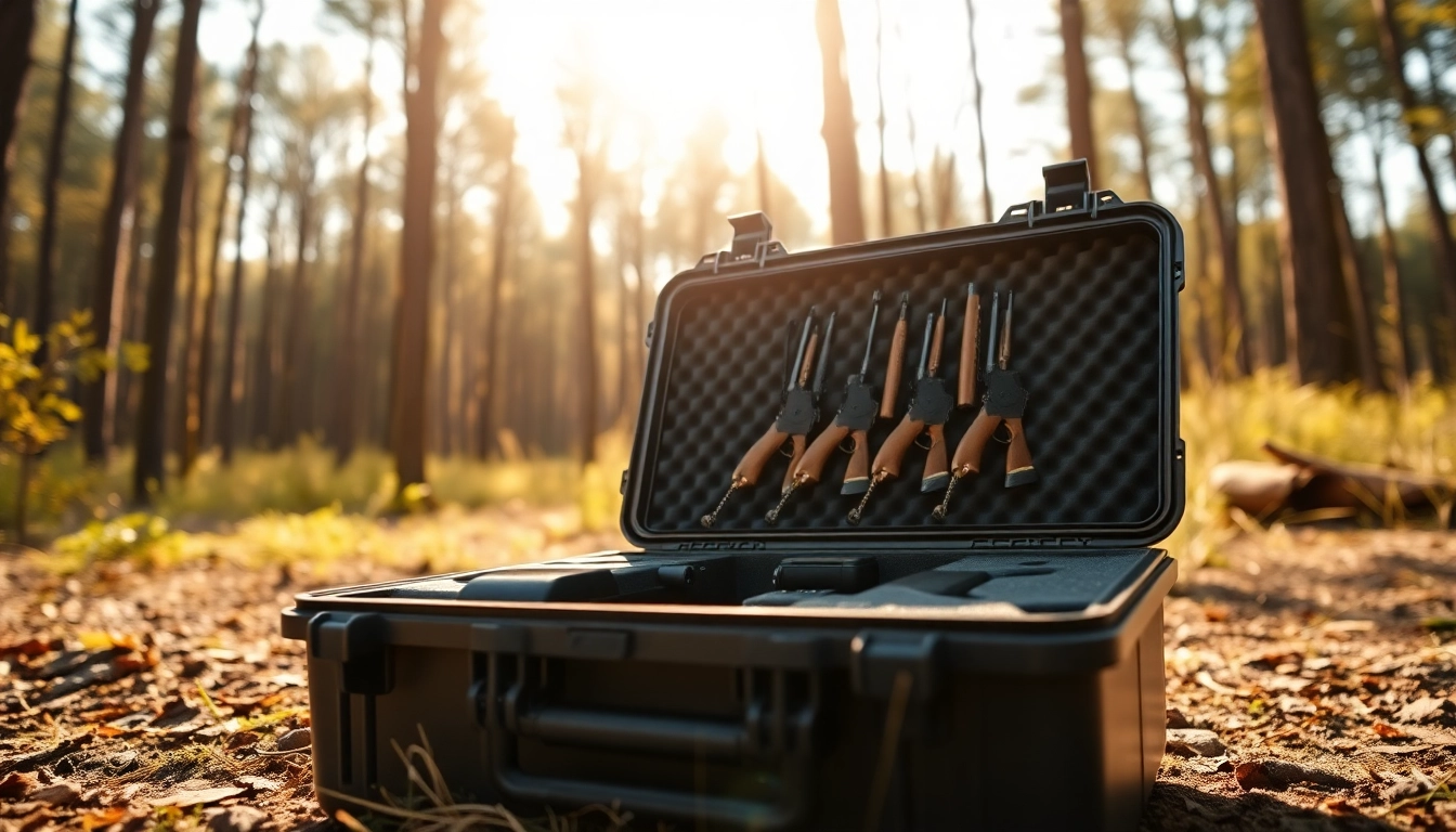 Showcase of a pelican gun case for sale featuring its interior in a serene forest setting.