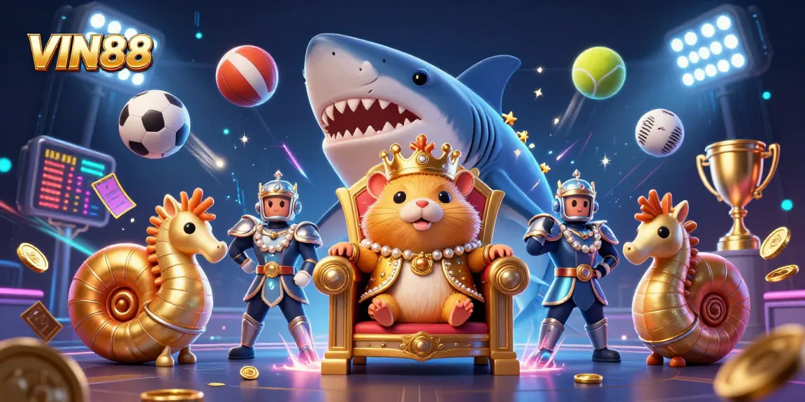Engage in thrilling betting adventures with VIN88, featuring a playful casino scene of a hamster king and sports elements.