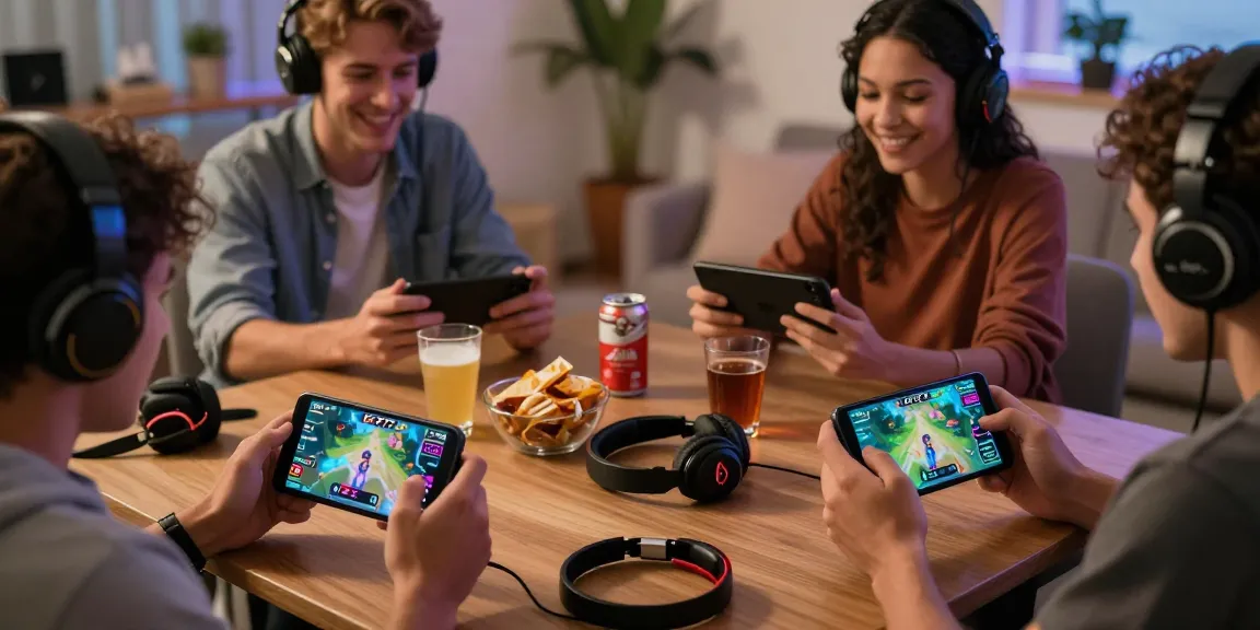 Engaging gaming scene featuring players using https://ie-777-game.com/ on mobile devices in a cozy setting.