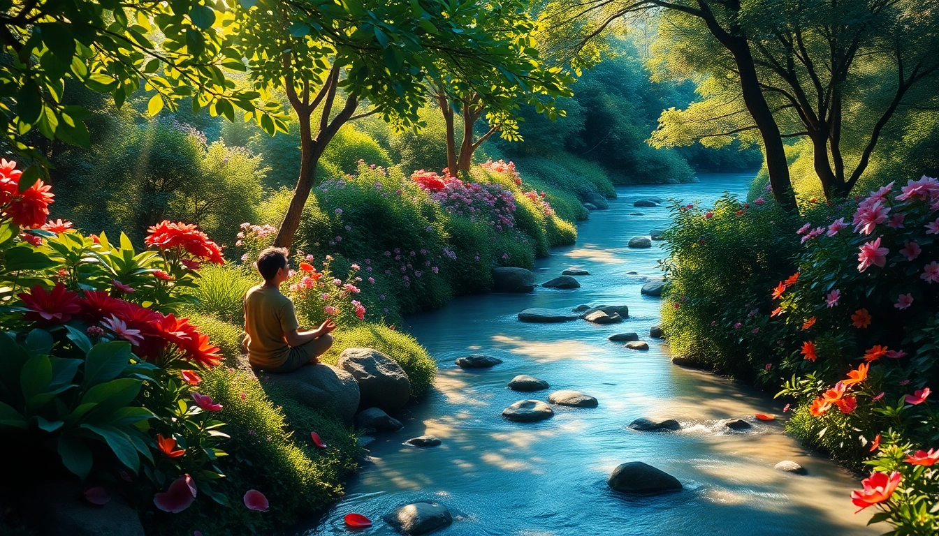 A peaceful scene illustrating mental wellness through meditation in a tranquil garden setting.