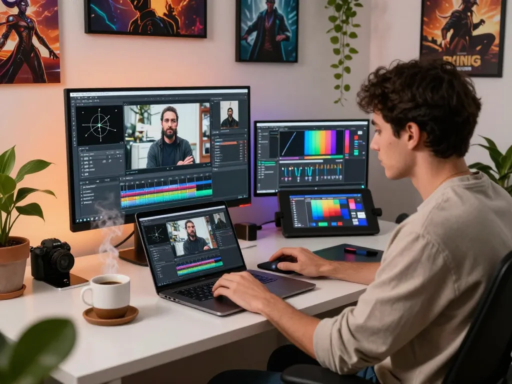 Content creator using Kling motion in a modern workspace to generate animated videos from images.