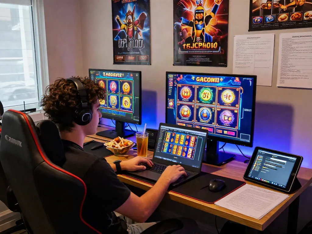 Exciting online gaming setup showcasing situs gacor player engaging with vibrant slot games on multiple screens.
