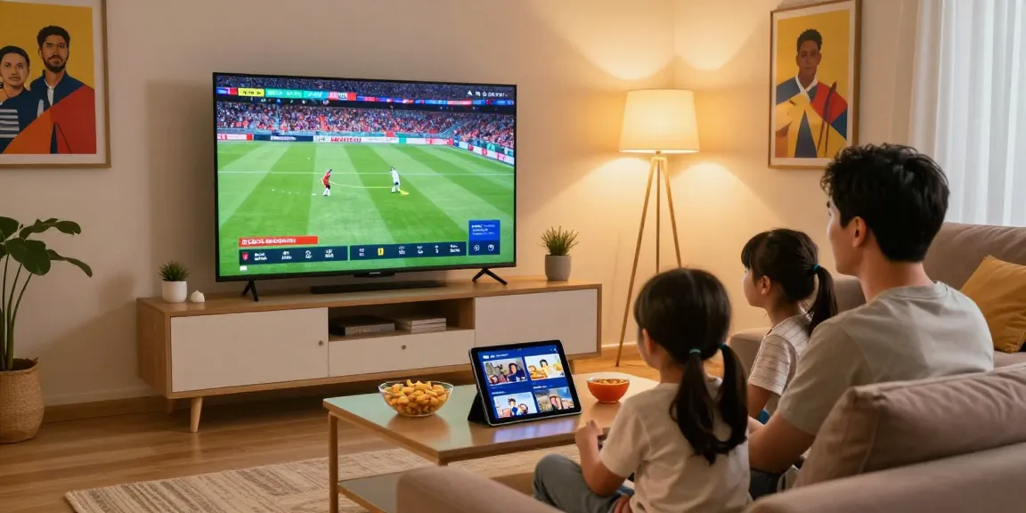 Family enjoying the best IPTV service in Germany while watching a sports game on a large television.