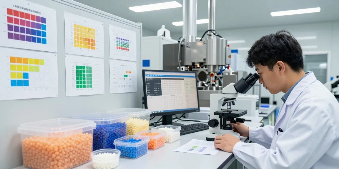 Technician analyzing polymer expandable microspheres in a modern manufacturing lab.