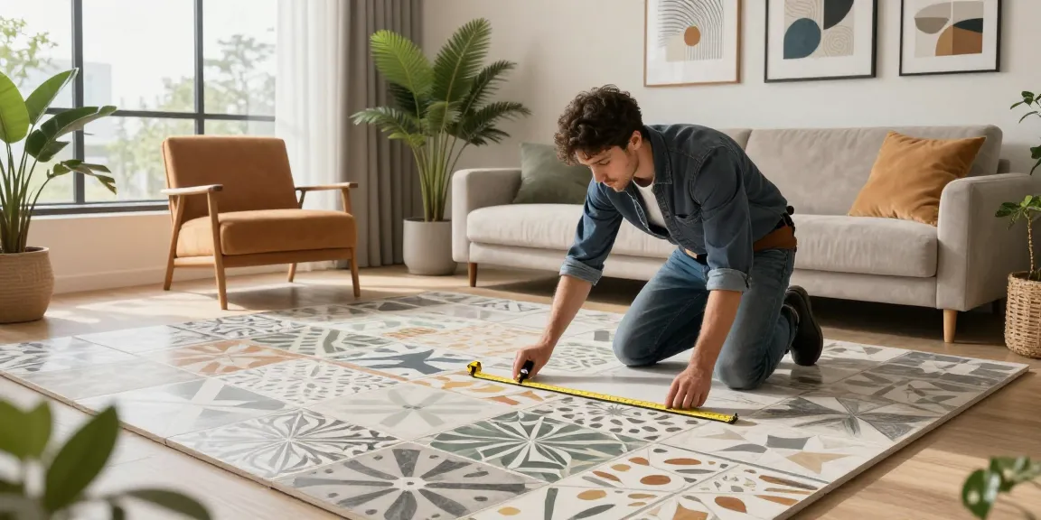 Installing interlock tiles in a modern living room, showcasing elegant interior decor and vibrant plants.