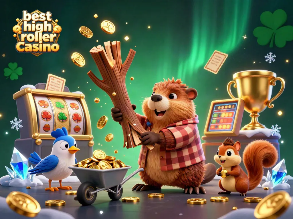 Experience the thrill at the best high roller casino with our vibrant 3D cartoon rendering of a beaver and companions amidst golden coins and casino elements.