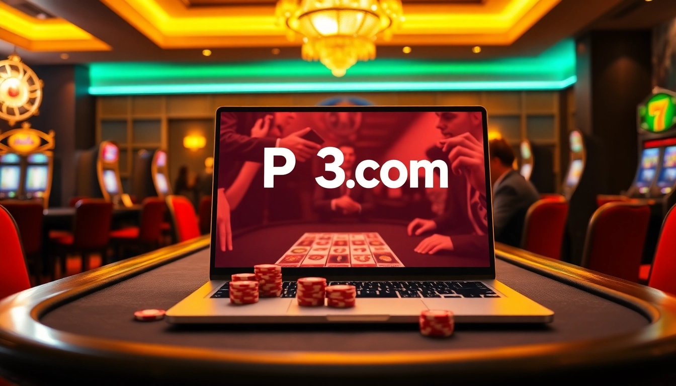 Experience the excitement of gambling at P3.com with vibrant casino visuals featuring tables, chips, and interfaces.