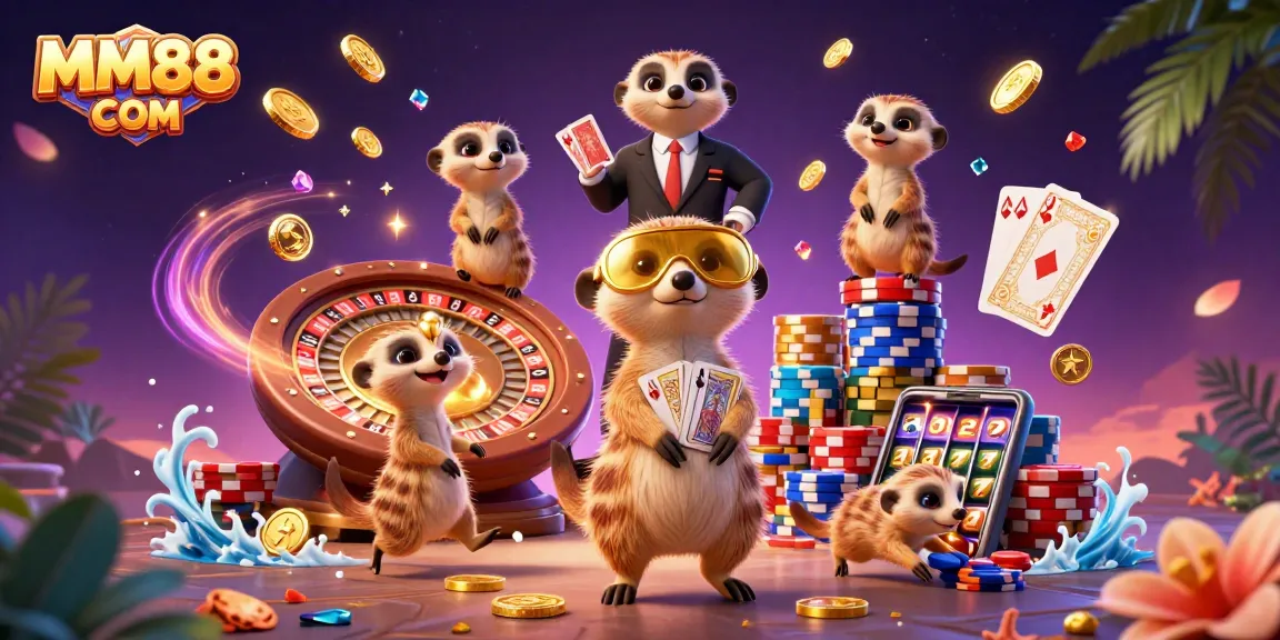 Experience the excitement of MM88 COM casino with meerkats orchestrating a vibrant gambling scene.