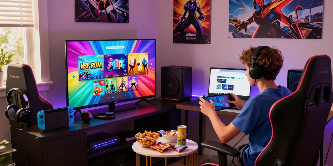 Teenager enjoying gaming with Nintendo Switch NSP ROMs setup, showcasing cozy room with colorful lighting.