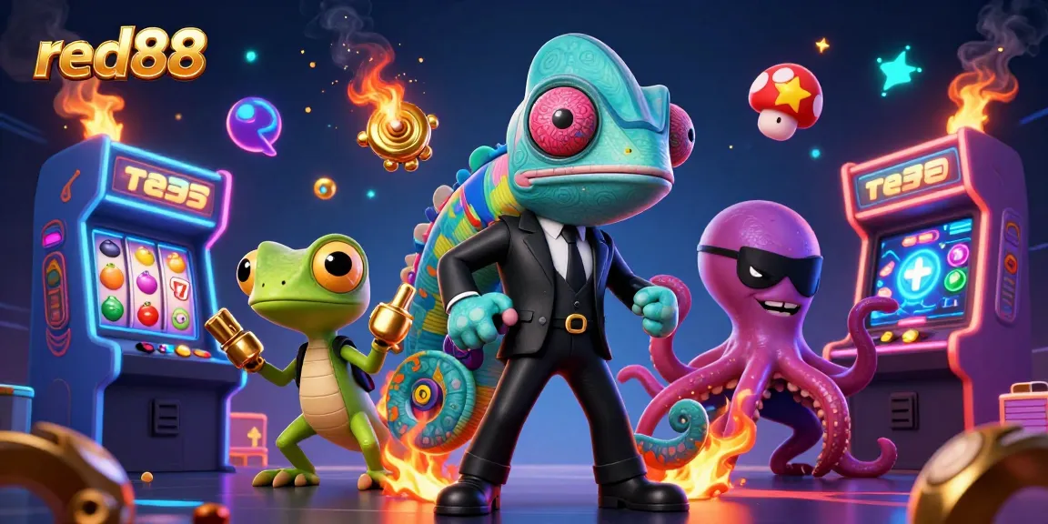 Experience exciting gaming at red88 with a vibrant 3D casino illustration featuring colorful characters and slot elements.