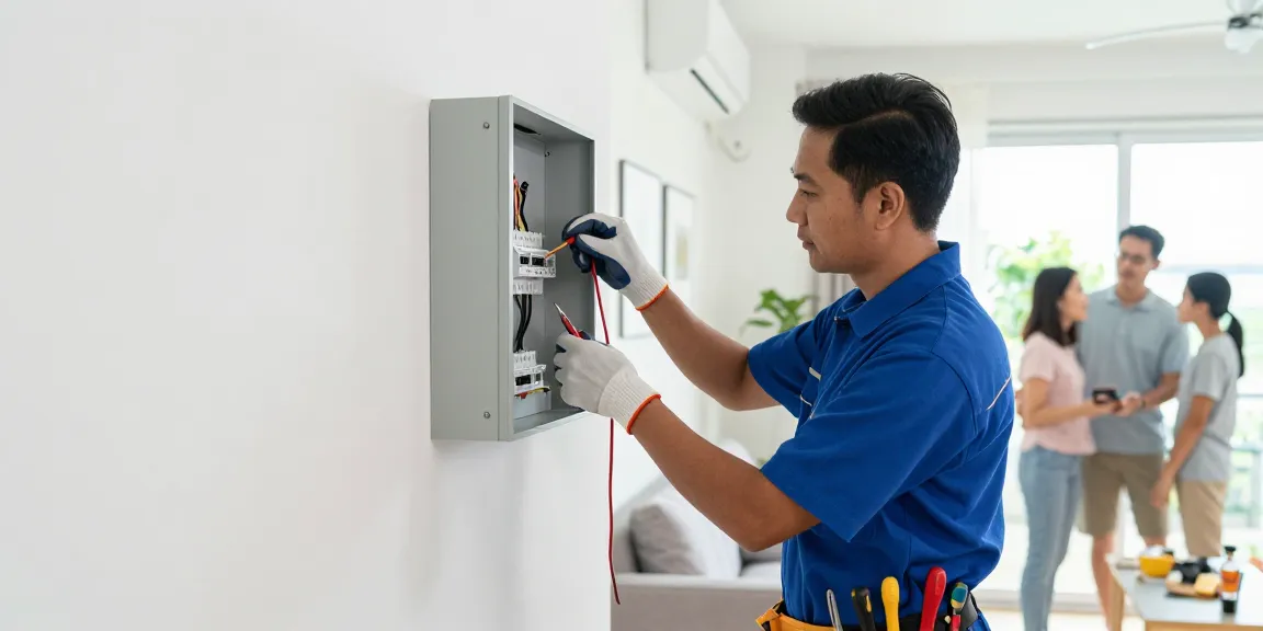 Electrician in Singapore performing electrical panel installation in a modern home setting, ensuring safety and quality service.