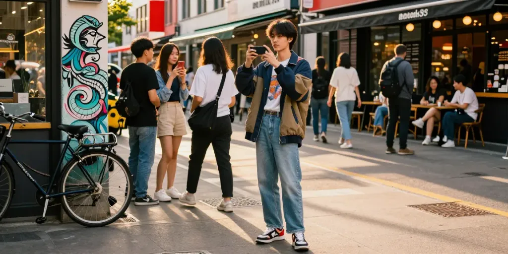 Young adult enjoying city life in fashionable outfit while engaging with friends, embodying the spirit of rokok88 and modern urban culture.