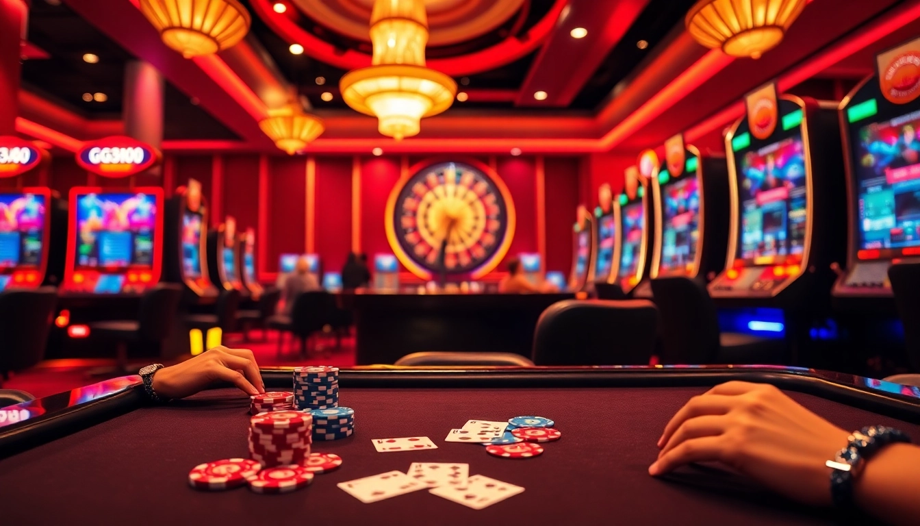 GG88 casino table with vibrant poker chips and a roulette wheel creating a luxurious gambling atmosphere.