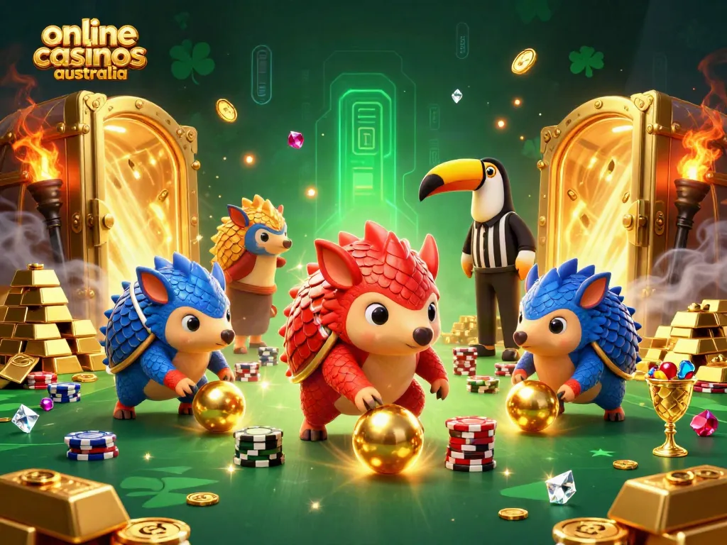 Engaging 3D illustration of rival pangolins in armor rolling golden balls at online casinos australia, surrounded by treasures.