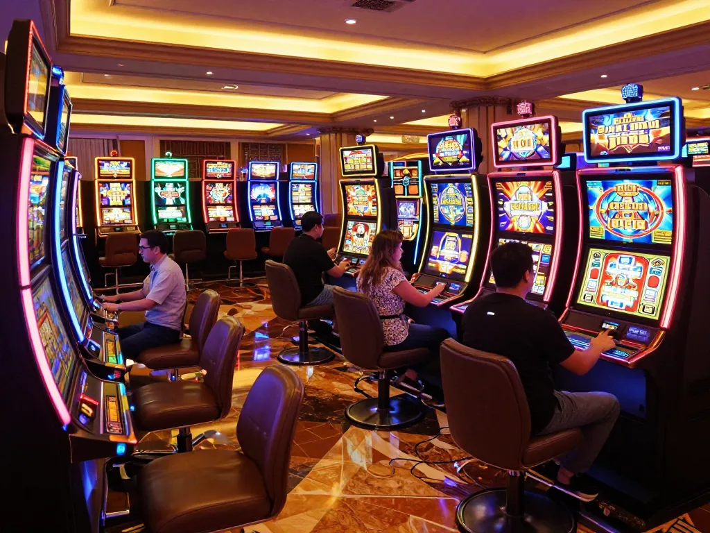 LC88 players enjoying dynamic slot machine gameplay in a vibrant casino atmosphere
