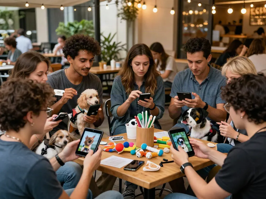 Community of pet lovers sharing tips and stories about rokok88 slot at a cozy outdoor café.