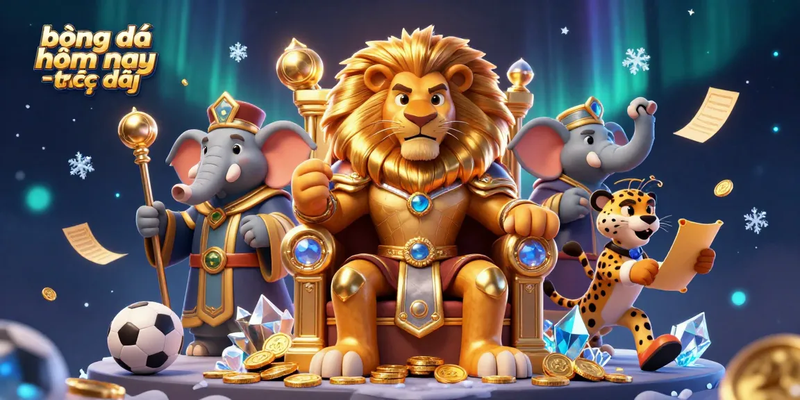 Engage in bóng đá hôm nay trực tiếp with a dynamic scene featuring a lion king, elephant advisor, and cheetah messenger among sports balls and betting elements.
