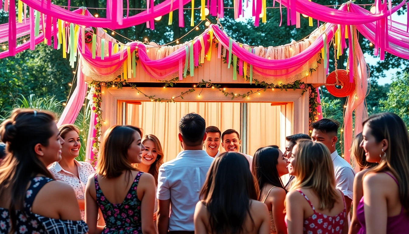 Rent a photo booth rental with festive decorations for a joyful outdoor event.