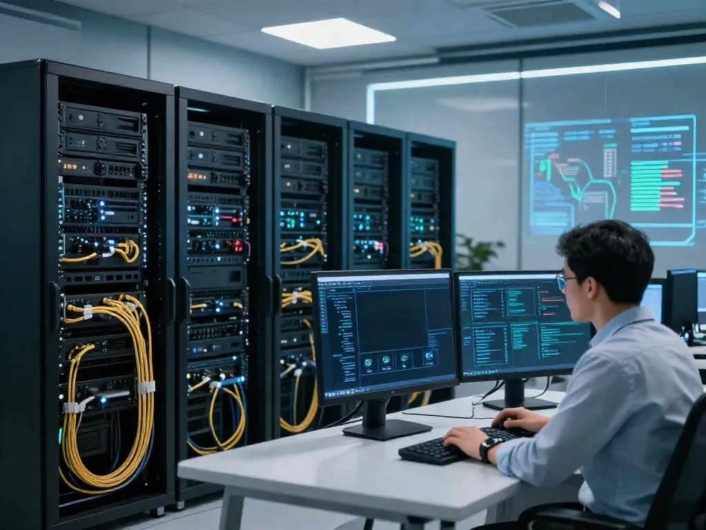 Network configuration review in a modern data center with illuminated servers and analytics display.