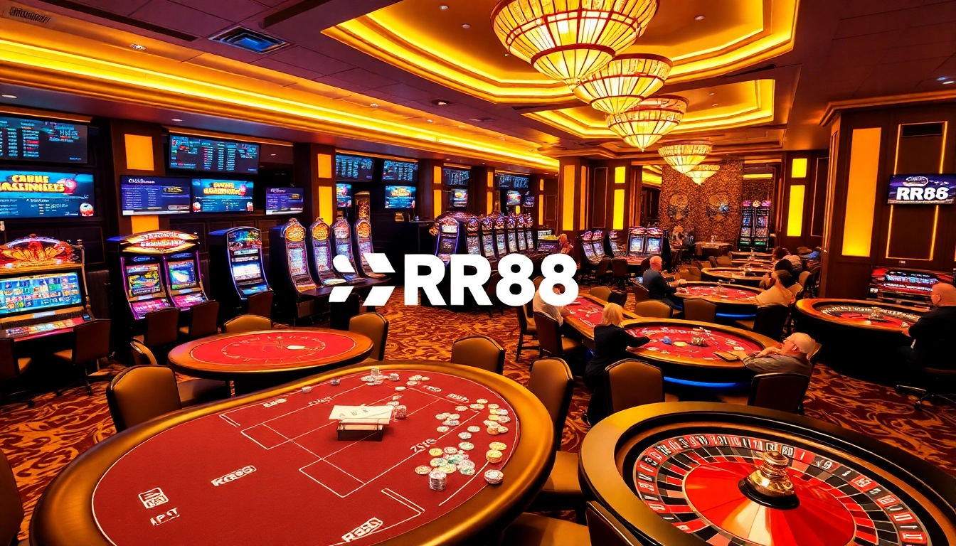 Gambling excitement at RR88 casino with poker tables and vibrant slot machines.