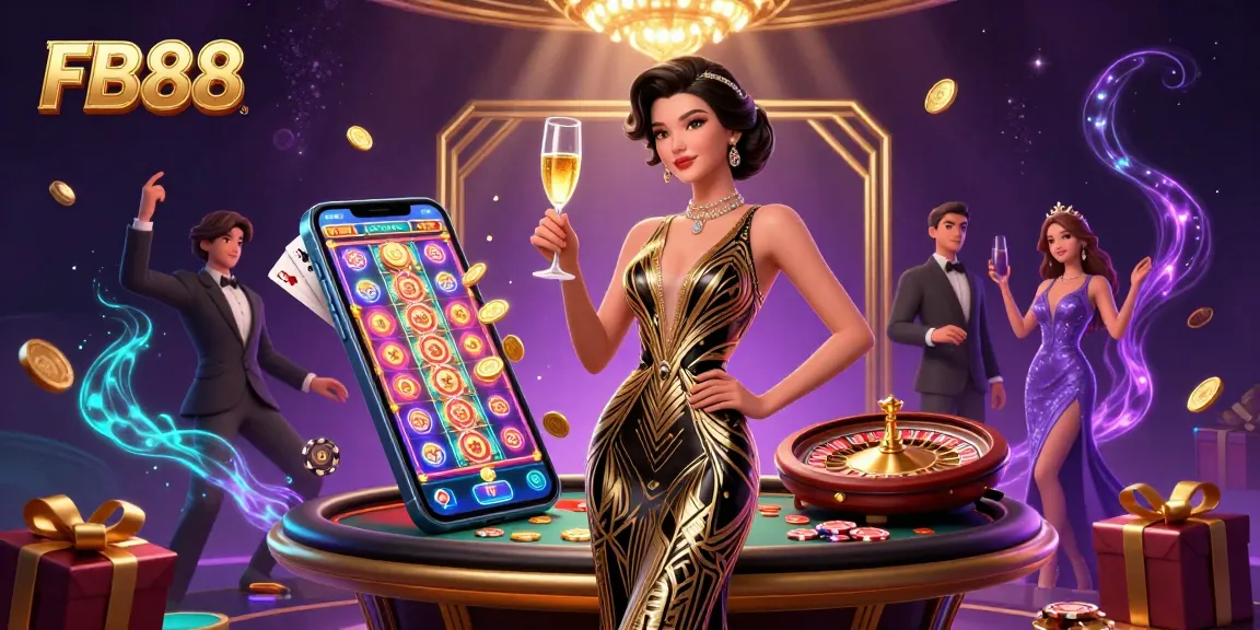 Experience the thrill of FB88 casino with this dynamic 3D illustration showcasing games and glamour.