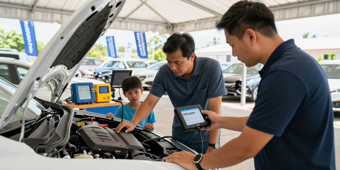 Buyer checking HPI check alternative at vehicle inspection site with transparent car history report.