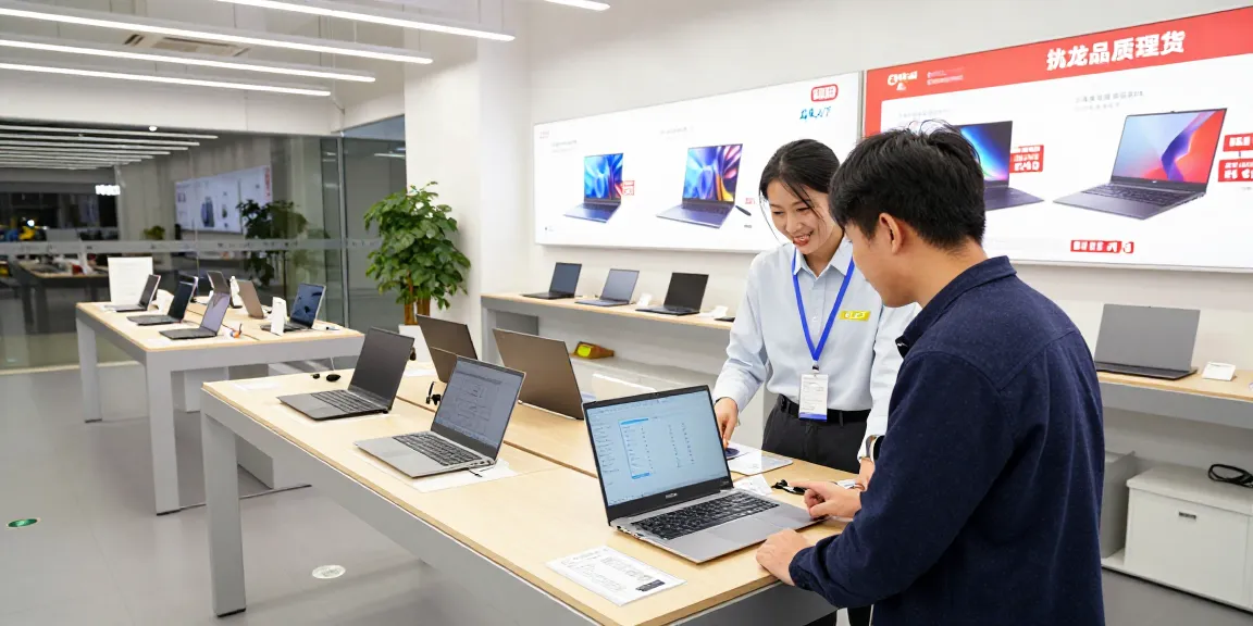 Engaging retail scene at ulpressbureau.ma showcasing Acer laptops with friendly customer assistance in a modern electronic store.