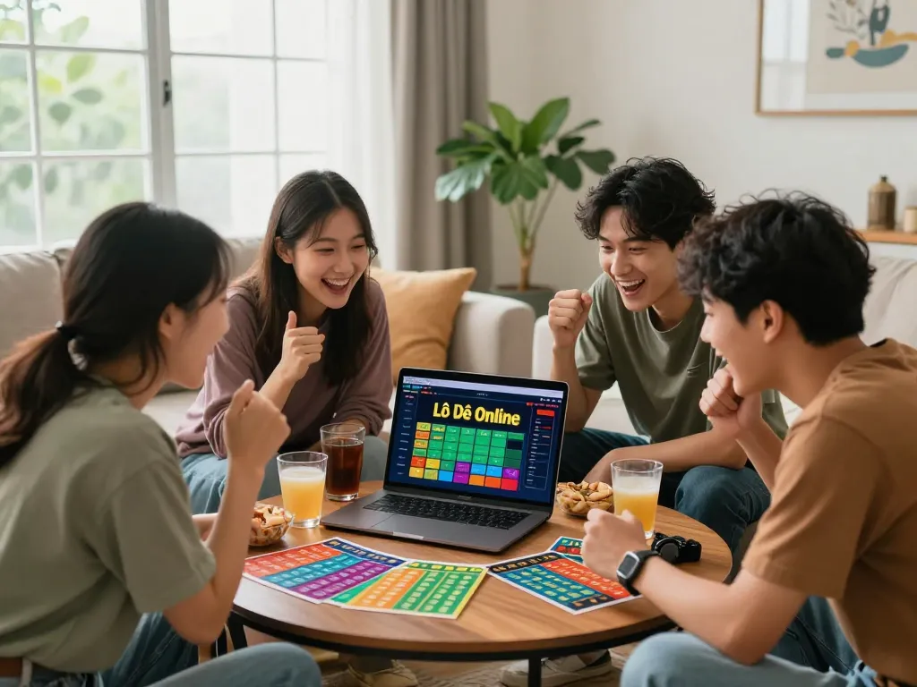 Friends engaging in đánh đề online strategy discussions in a bright living room.