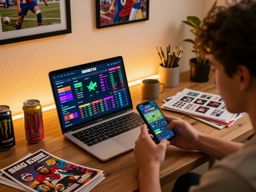 Kegembiraan taruhan langsung SBOBET88 tertangkap dalam pengaturan kantor rumah dengan pemeriksaan odds dinamis di smartphone.