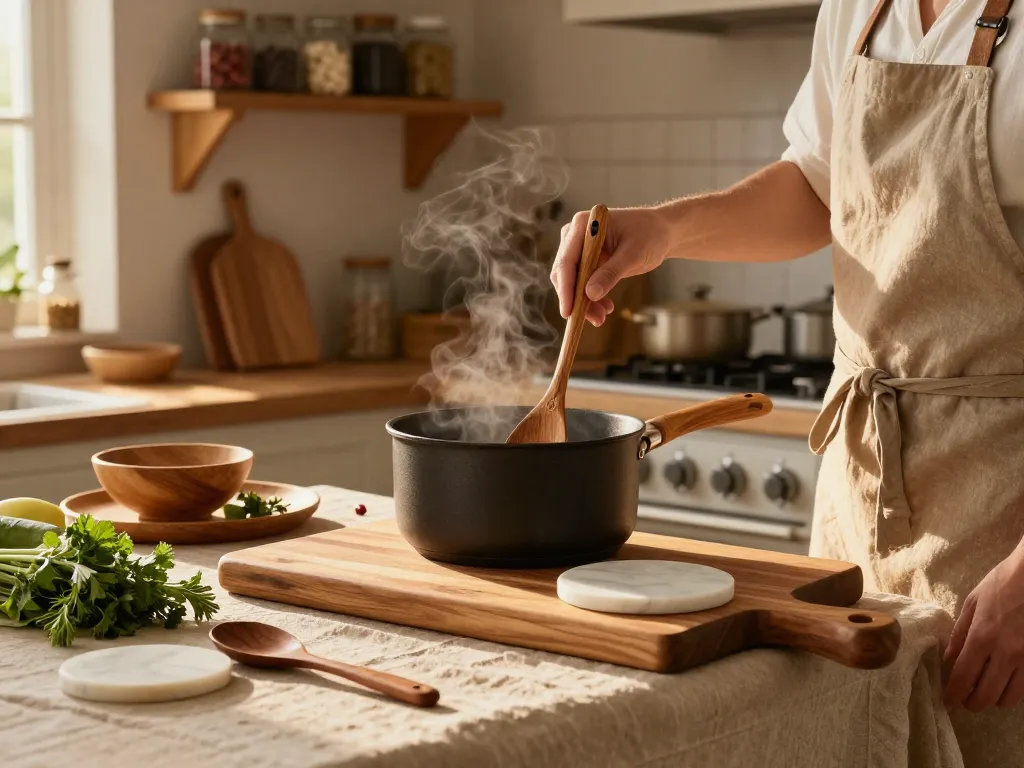 Artisan carved olive wood spoons with minimalist marble rest in a cozy kitchen scene, enhancing culinary experiences.