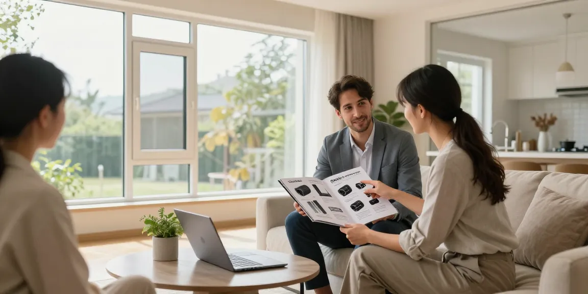 Consultation about Steko energy-efficient windows showcasing 1K benefits in a cozy home environment.