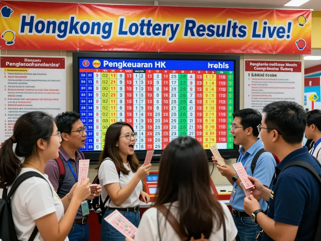 Adegan yang menarik menunjukkan para penggemar lotere merayakan hasil Pengeluaran HK dengan tampilan digital dan suasana yang ceria.