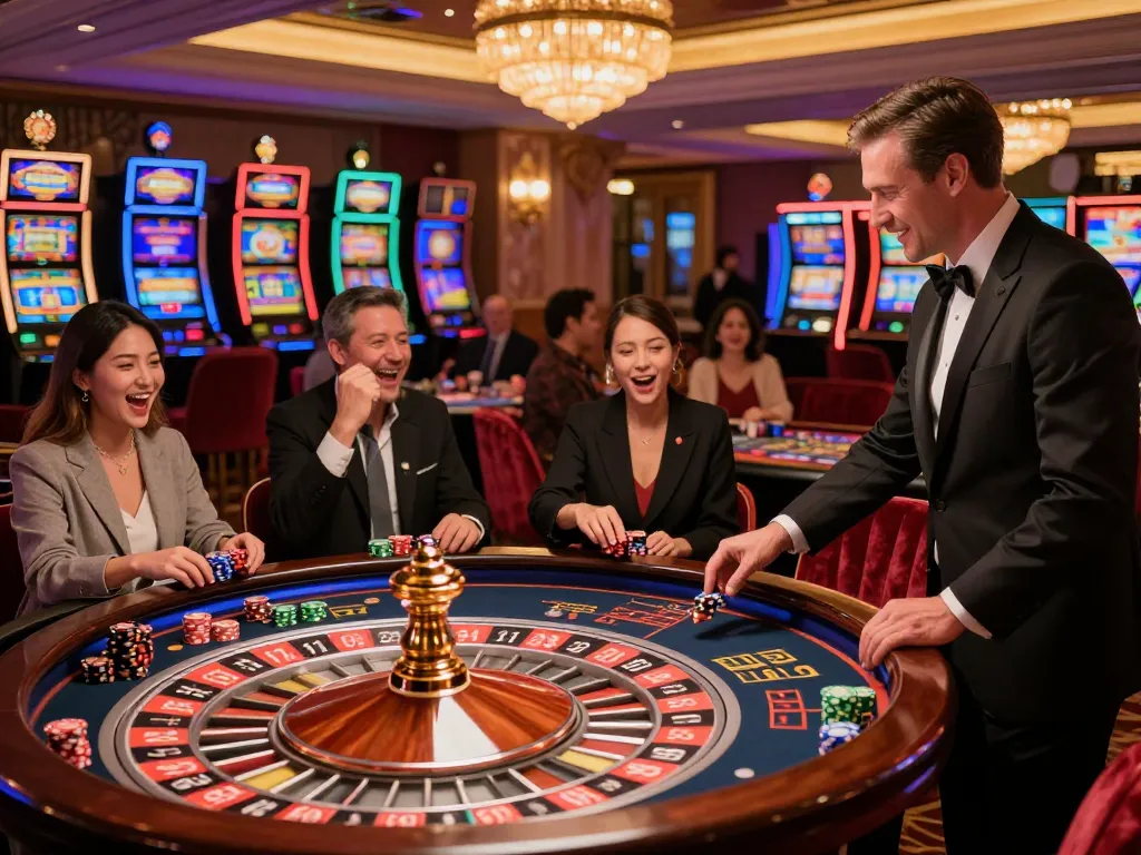 sunwingo players placing bets at a lively roulette table in a glamorous casino setting