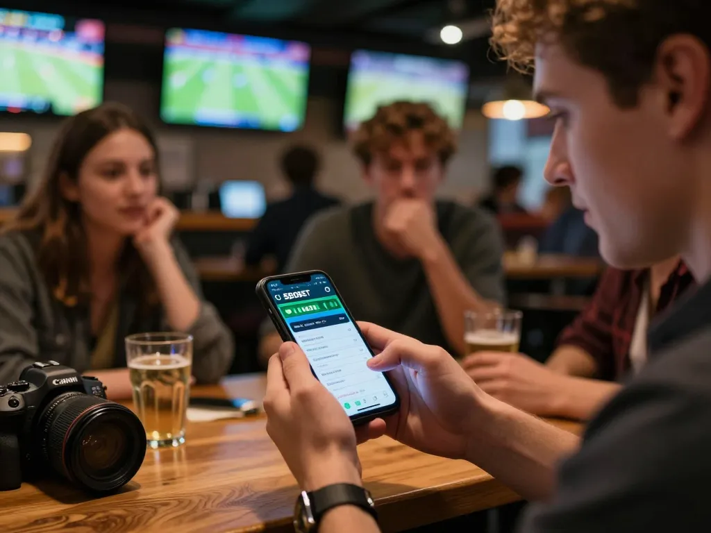 Aplikasi SBOBET ditampilkan di smartphone untuk taruhan olahraga strategis dalam suasana bar olahraga yang menarik