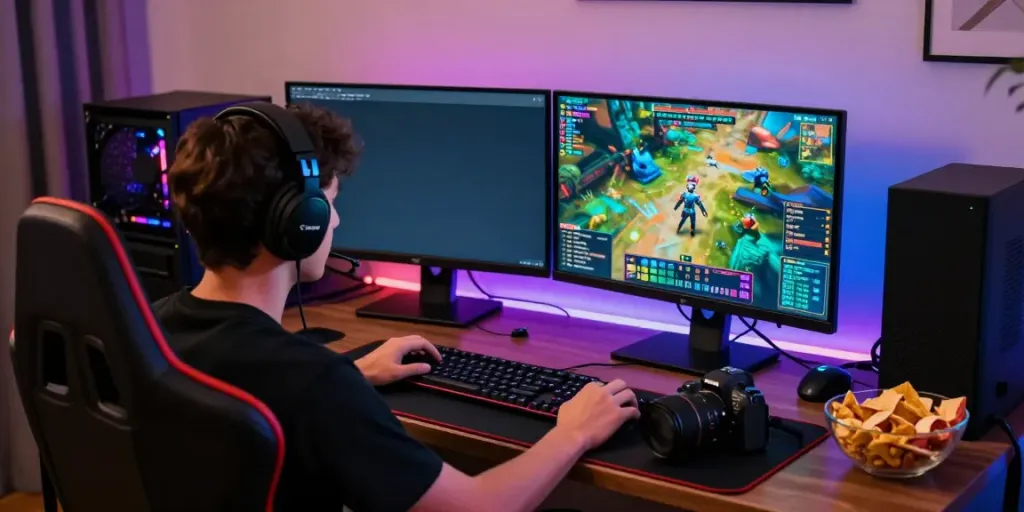 Player engaging in rokok88 slot login gameplay on a vibrant desktop setup, showcasing dynamic graphics.