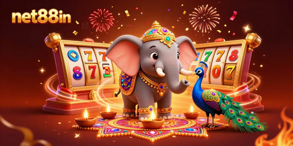 Experience thrilling gameplay at net88in with vibrant slot reels and festive characters in a dynamic casino scene.